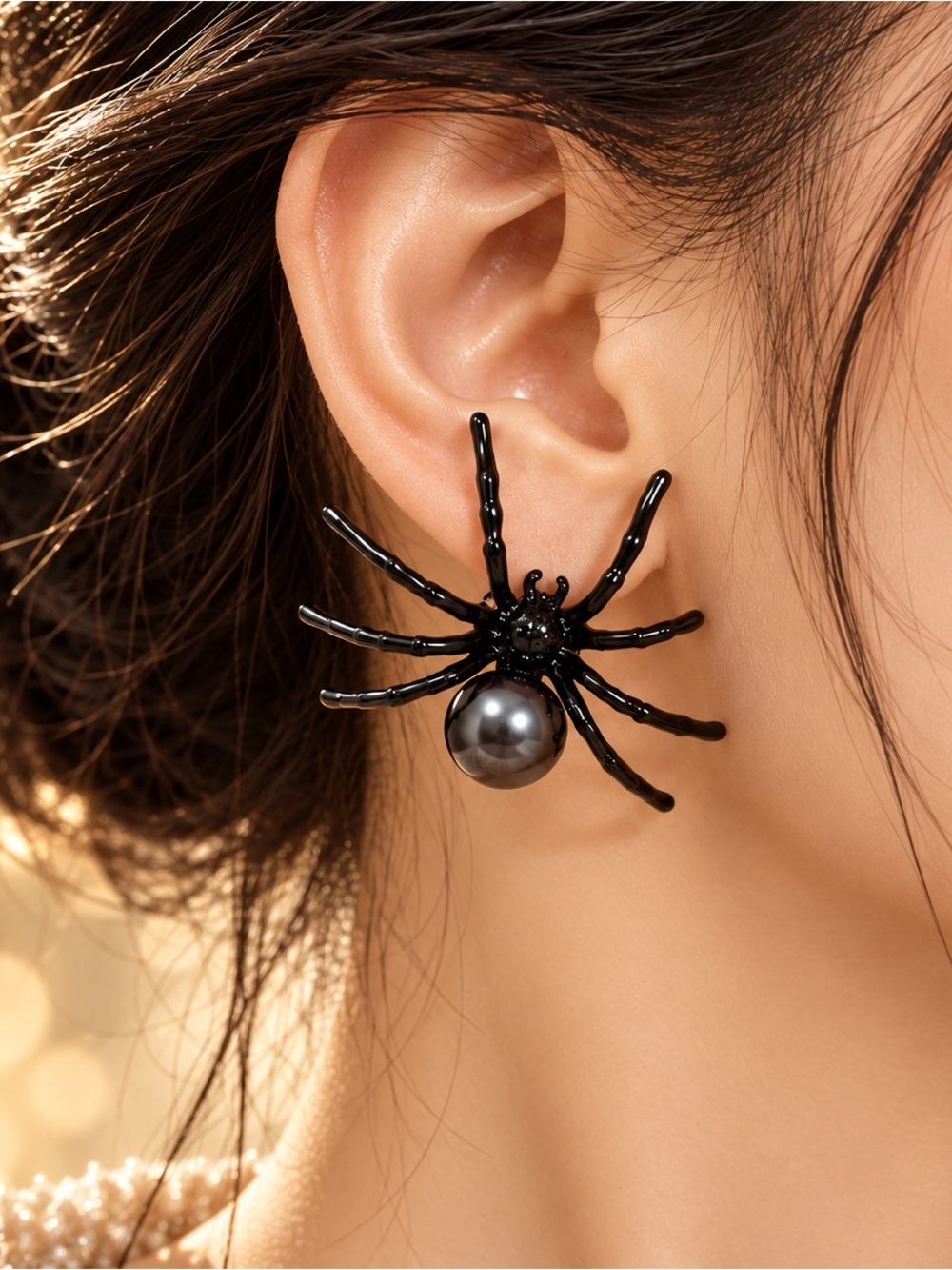 Black Spider Pearl Statement Earrings Halloween Gothic Stud Earrings